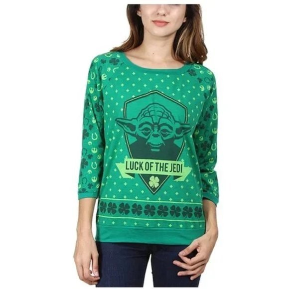 Star Wars Tops - Star Wars Yoda Luck of the Jedi‎ Green St. Patrick's Day Shirt 3/4 Sleeves